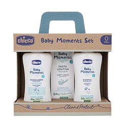 Chicco Baby Moments šampón na celé telo pre deti 200 ml + detský šampón na vlasy 200 ml + upokojujúci detský krém proti zapareninám 100 ml