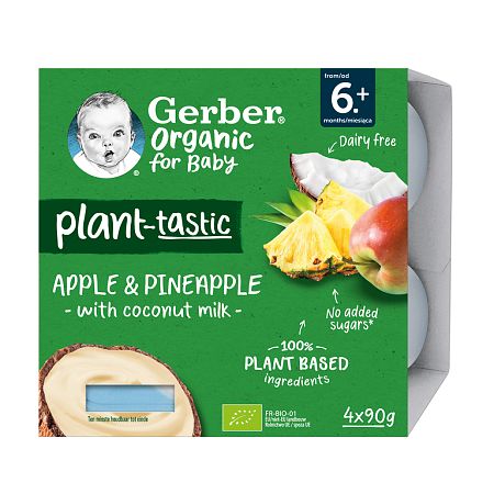 Gerber Organic Rastlinný Dezert Jablko a Ananás s kokosovým mliekom 4 x 90 g