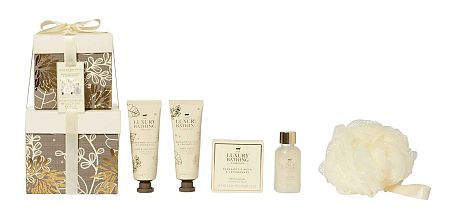 Grace Cole Luxury Bathing soľ do kúpeľa 100 g + prísada do kúpeľa 80 g + sprchový gél 75 ml + telový krém 75 ml + uterák darčeková sada