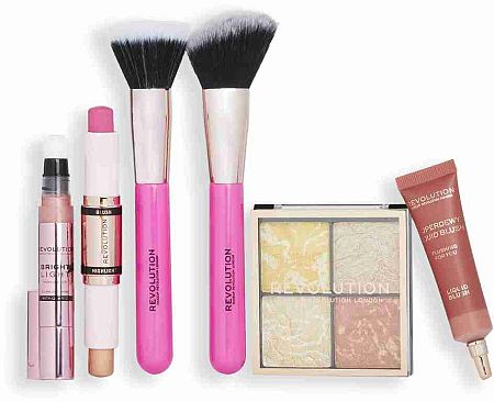 Makeup Revolution London Blush & Glow Gift Set darčekový set rozjasňujúca paletka Highlighter Quad 9,6 g Make It Count + rozjasňovač Bright Light Highlighter 3 ml Divine Dark Pink + kozmetický štetec